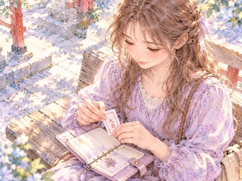 神社で引いたおみくじを手帳に大切にしまう女性