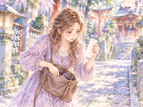神社の参道でおみくじをなくして鞄を探す女性