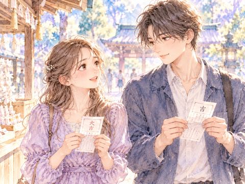 神社でおみくじを見せ合って微笑む若い男女