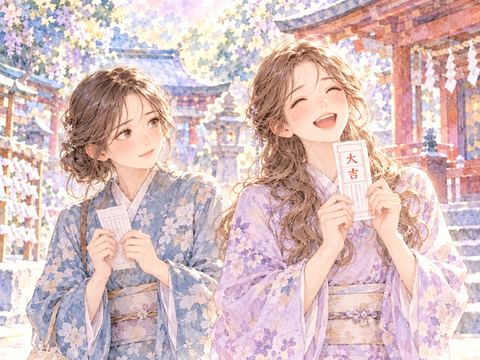 大吉のおみくじを喜ぶ友達を複雑な表情で見る女性