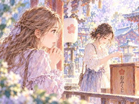友人がおみくじを引く姿を少し離れて見守る女性