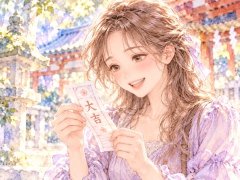 大吉のおみくじを見て満面の笑みを浮かべる女性