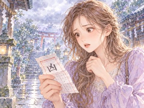 凶のおみくじを見て不安そうに立ち尽くす女性