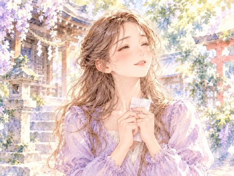 おみくじを胸元に持ちほっとした表情を浮かべる女性
