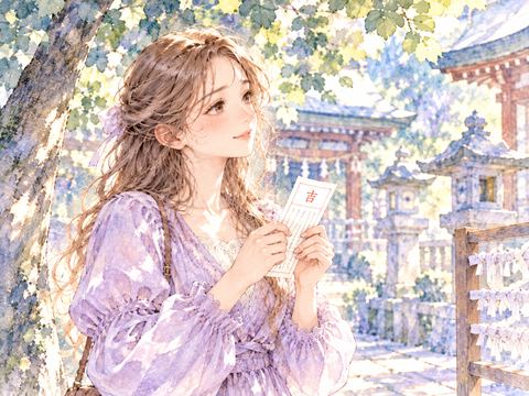 吉のおみくじを見て穏やかに微笑む女性