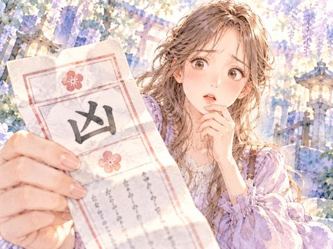 凶のおみくじを見て驚きながら考え込む女性