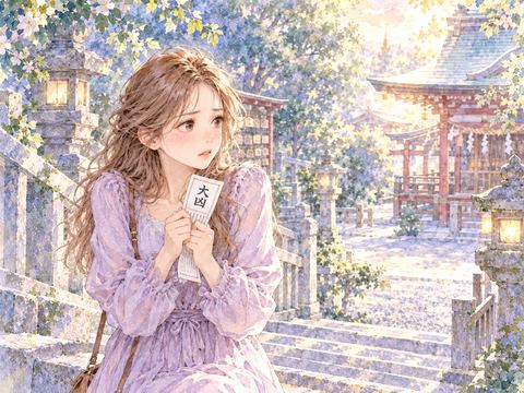 大凶のおみくじを手にして不安そうに立つ女性