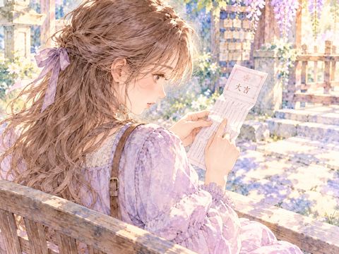 おみくじに書かれた文章を真剣に読む女性