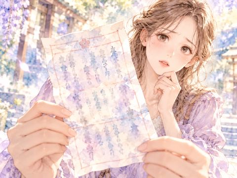 文字がぼやけたおみくじを不思議そうに見つめる女性