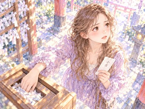 一枚目のおみくじを持ちながら再び箱に手を伸ばす女性