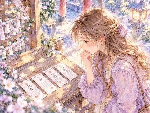 何枚ものおみくじを並べて見比べる女性