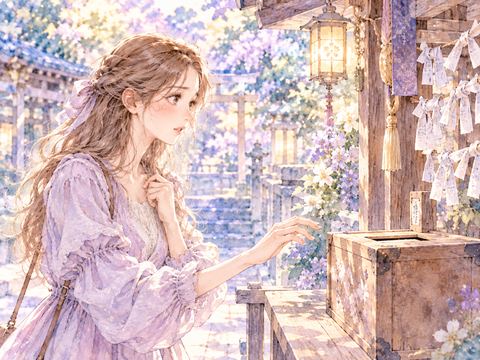 おみくじ箱の前で手を止めて迷っている女性