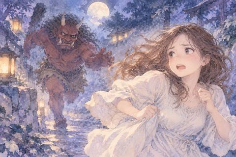 夜道で鬼に追いかけられて走る女性