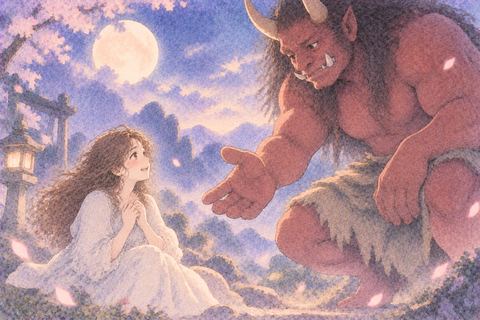 優しい鬼から差し出された手を見る女性