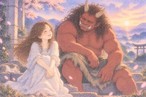 鬼と並んで穏やかに笑う女性
