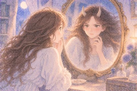 鏡に鬼の姿となった自分を見る女性