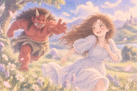 鬼と夢の野原で鬼ごっこをする女性