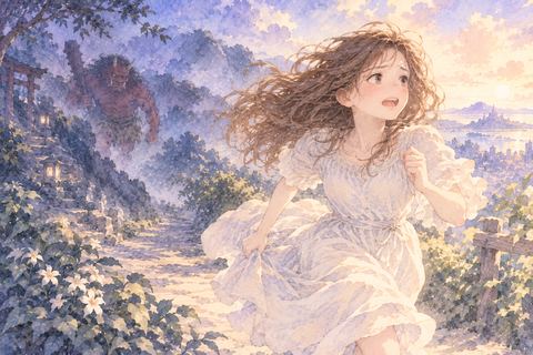 鬼から遠ざかる道を走って逃げる女性