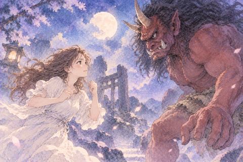 鬼を前に逃げずに立ち向かう女性
