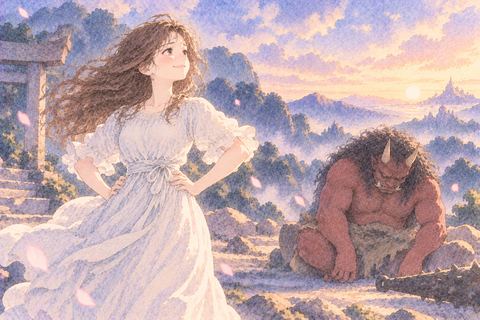 鬼との勝負を終えて胸を張る女性