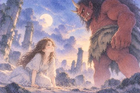 鬼を前に座り込みながら見上げる女性
