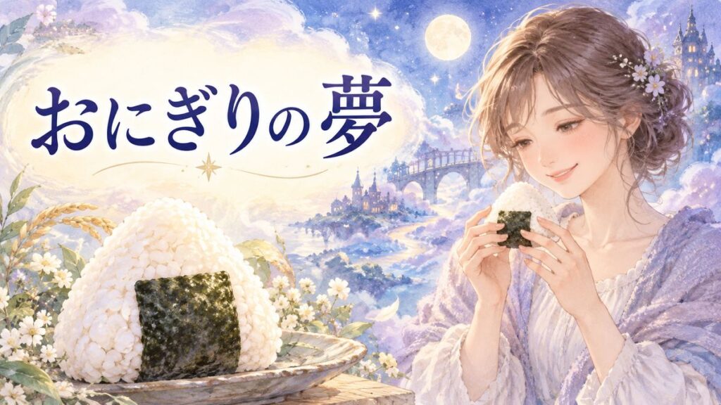 大きなおにぎりを見つめる大人の女性と夢の光景