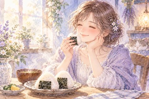 おにぎりを食べてほっとする大人の女性