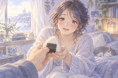 差し出されたおにぎりを受け取る大人の女性