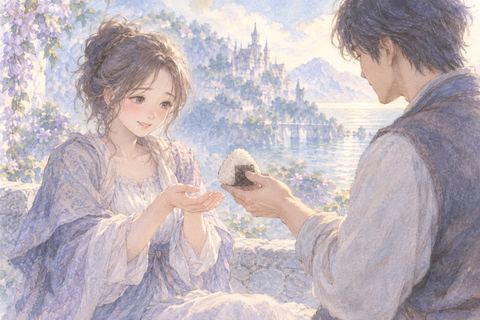 男性からおにぎりを受け取り照れる大人の女性