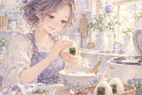 台所でおにぎりを作る大人の女性