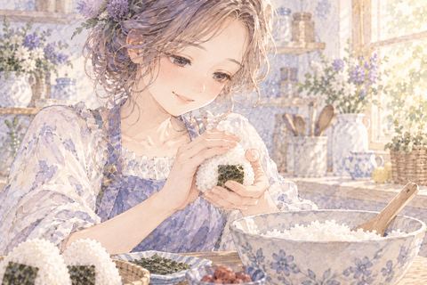 両手でおにぎりを丁寧に握る大人の女性