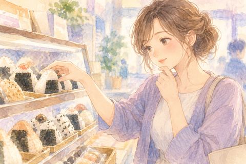 店頭のおにぎりを選ぶ大人の女性
