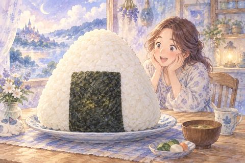 大きなおにぎりを前に驚く大人の女性