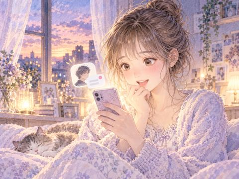 好きな異性から届いたLINEを見てうれしそうに微笑む女性