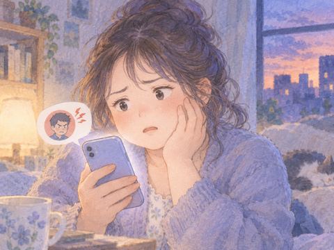 異性から怒ったLINEが届き不安そうに画面を見る女性
