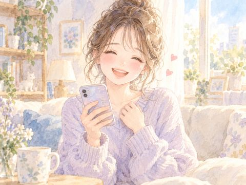 異性からのLINE通知を見て満面の笑みを浮かべる女性