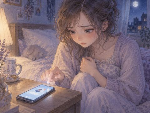 異性からのLINE通知を開けず不安そうに見つめる女性