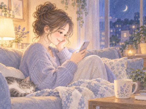 彼氏から届いたLINEを読んで安心した表情を浮かべる女性
