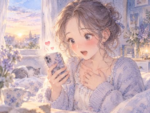 異性から告白のLINEを受け取り頬を赤らめる女性