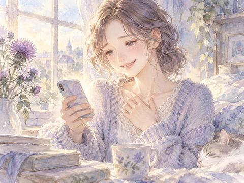 異性からの優しいLINEを読み胸に手を当てて微笑む女性