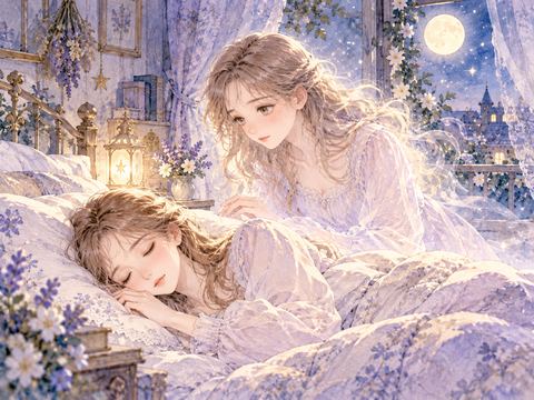ベッドで眠る自分の姿をそばから静かに見つめる女性
