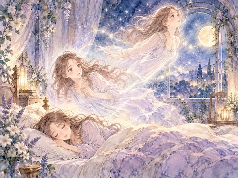 眠る体の上を何度も浮き沈みする女性の半透明の姿