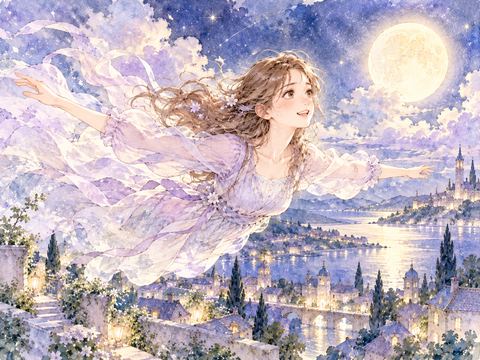 幽体離脱して空を自由に飛び笑顔を見せる女性