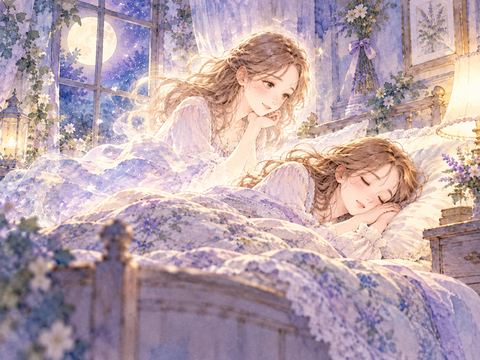 ベッドで眠る自分を優しく見守る半透明の女性