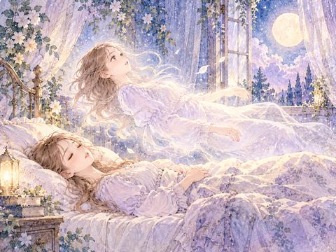眠る体の上からゆっくり浮き上がる女性の姿