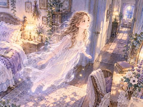 寝室の家具の間をふわりと移動する半透明の女性