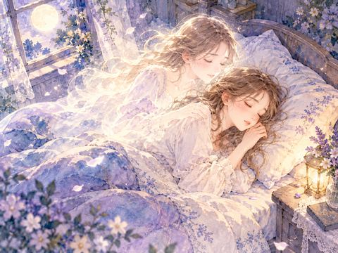 ベッドで眠る自分の体へ穏やかに戻っていく女性の姿