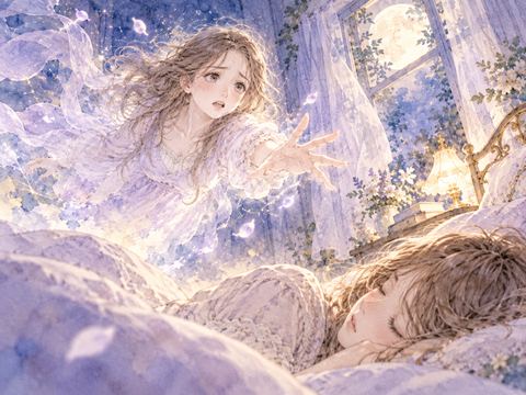 眠る自分の体へ戻れず空中で手を伸ばす女性