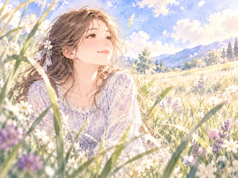背の高い草に身を隠し安心した表情を浮かべる女性