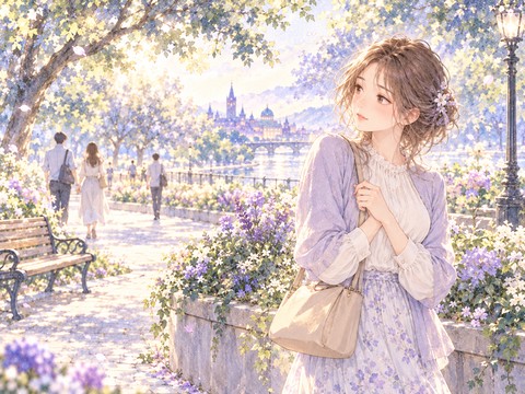 公園の植え込みの陰で通行人を気にする女性